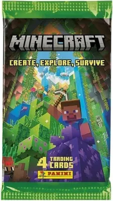 A Minecraft trading card pack with a vibrant, blocky landscape and a character.