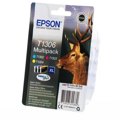 Zdjęcie produktu dla Epson Stag Multipack 3-kolorowy T1306 DURABrite Ultra Ink, Wysoka (XL) wydajność, Cyjan, Purpurowy, Żółty, Tusz na bazie pigmentu, 10,1 ml, 1 szt., Multipak
