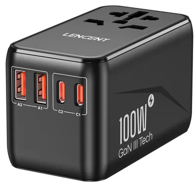 Produktbild von LENCENT Universeller Reiseadapter 100W GaN3 Internationaler Reisestecker – Schwarz