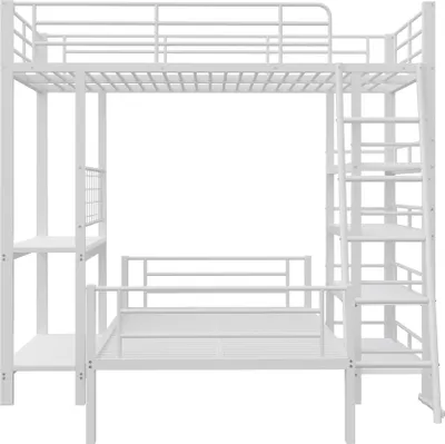 Produktbild von Flieks Etagenbett 90x200cm mit Regal, Hochbett Metallbett mit Lattenrost, Kinderbett Einzelbett mit Rausfallschutz, Stockbett mit trennbarem Unterbett
