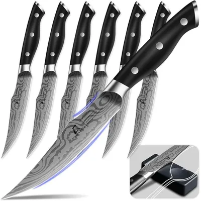 Image de Ensemble de couteaux à steak, 6 pièces, 12,2 cm, lame finement affûtée, manche ergonomique, acier inoxydable noir, avec supports à couteaux