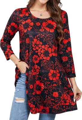Productafbeelding van Dames tuniek met bloemenprint, driekwartmouwen en losse pasvorm, grote maat, geschikt voor casual en feestelijke gelegenheden