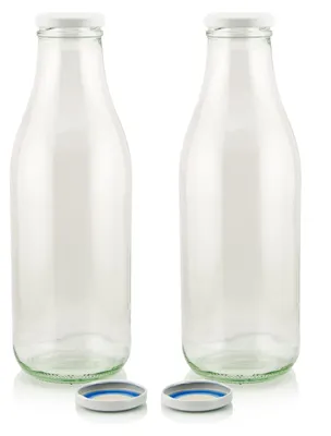 Produktbild von Milchflasche 1 Liter Glasflasche transparent mit 2 Flaschen & 4 Deckel in weiß – spülmaschinenfest, praktisch zum Befüllen mit Milch & Saft