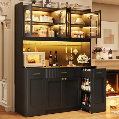 Immagine prodotto di Mobiletto da cucina MODFU, armadio alto con illuminazione RGB a LED, vetrine e cassetti – Mobile multifunzionale per il soggiorno con ripiani estraibili, colore nero
