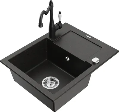 Produktbild von Mexen Enzo 1 Becken-Granitspüle mit Abtropffläche und Mischbatterie Carla, Schwarz/Gold metallisch - 6506-75-670700-70