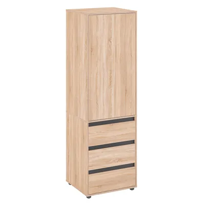 Produktbild von KOMTO Kleiderschrank Schrank Schlafzimmer Kinderzimmer Mehrzweckschrank mit 1-türig 3 Schubladen Garderobenschrank Flur Drehtürenschrank 60x192 Sonoma
