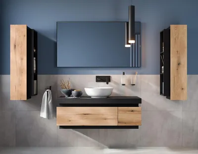 Produktbild von Easy4You Matt Schwarz/Eiche Set Badezimmermöbel Unterschrank SEYA 110 cm mit 2 Schubladen + 2X Seitenschrank 30x100 cm Badschrank Badezimmerschrank