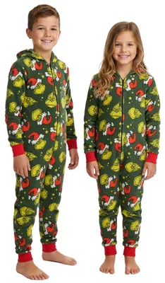 Produktbild von The Grinch Jumpsuit mit Kapuze für Jungen & Mädchen - Overall Kinder Pyjama Schlafanzug langarm Grün 146-152