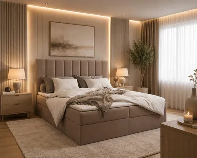 Produktbild von Boxbett 01 - 180 x 200 cm mit Bettkasten und Topper, Polsterbett mit PolyurethanSchaum, gepolstertes Kopfteil mit Ziernähten, Manila Stoff, Cappuccino