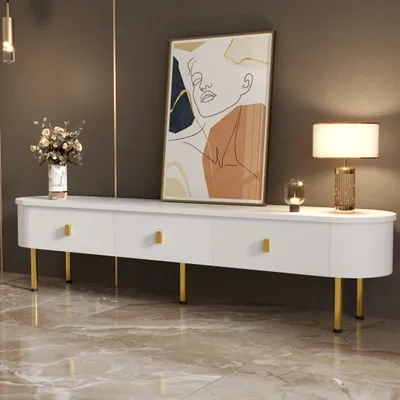 Obrázek produktu pro okwish TV stolek TV-Lowboard se zásuvkami, zlatými úchytkami a nohami, zaoblené rohy, 174×35×41 cm, Televizní stůl obývací skříňky pro obývací pokoj, Bílý