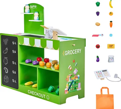 Obrázok produktu pre Drevený obchod na hranie SucceBuy, 35-dielna súprava s nákupnou taškou, dopravným pásom, skenerom, pokladňou a realistickým ovocím a zeleninou, vhodná pre deti od 3 rokov