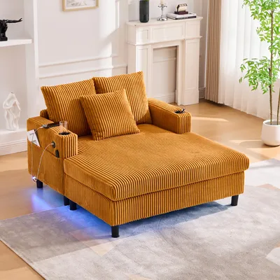 Obrázek produktu pro MODFU lenoška s LED osvětlením a USB porty, relaxační křeslo do obývacího pokoje a ložnice, čalouněné křeslo pohovka s bočními držáky na nápoje, žlutá