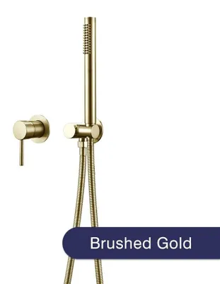 Produktbild von Handbrause Duschsystem fürs Bad - Wannenarmatur Set - Einhebelmischer Warm und Kalt - Messingkörper - Handbrause mit Halterung - 1,5 m Schlauch - Gebürstetes Gold