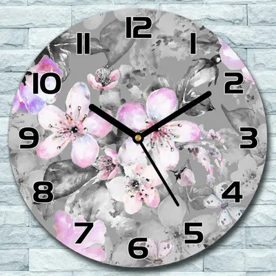 Produktbild von Wanduhr aus Glas Rund fi 30 Graue Lila Blumen Quarz Deko Schlafzimmer Büro