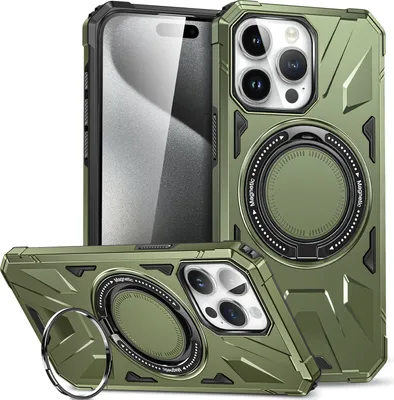 Produktbild von Hülle für iPhone 14 / iPhone 13 Kompatibel mit MagSafe, Dual Layer Robuste Schutzhülle, Magnetischer Ringständer Dunkelgrün