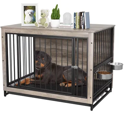 Produktbild von Holz-Hundebox – Hundelaufstall – Hundekäfig Beistelltisch mit abnehmbaren Näpfen und Tablett – Doppeltür-Hundekennel für mittelgroße Hunde Innenbereic
