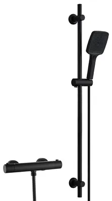 Duschstange 100 cm, Thermostat, Handbrause, 3 Strahlarten, Schwarz