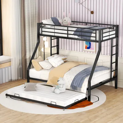 Produktbild von Etagenbett, Metallbett mit ausziehbarem Bett,mit Leiter auf beiden Seiten für Kinder, Jugendliche, Erwachsene, einfach zu montieren, 90/140x200cm, schwarz