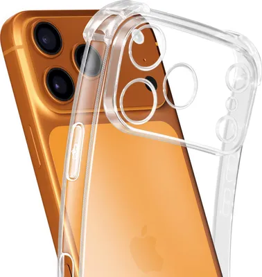 A close-up shot of a transparent phone case on an orange iPhone.