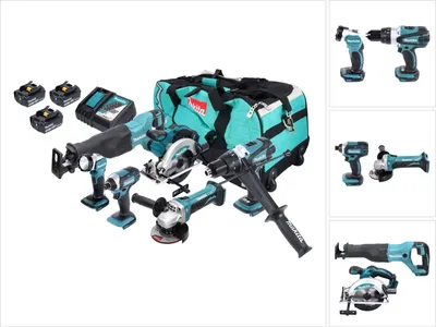 Immagine prodotto di Makita DLX 6046 Kit Batteria Combo 18 V DGA 452 + DHP 458 + DJR 186 + DML 802 + DSS 610 + DTD 152 + 3x batteria 3,0 Ah + caricabatterie + borsa