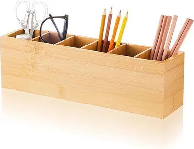 Produktbild von PolkaHome® Stiftehalter Holz für Schreibtisch, 6 Fächer, herausnehmbare Trennwände, Organizer für Büro & Kinderzimmer (33,8 x 7,9 x