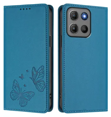 Image de Étui en cuir pour Motorola Moto G17/G17 Power/Moto G15/G15 Power, motif papillon, étui à rabat avec porte-appareil, bleu