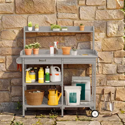 Obrázok produktu pre BEALIFE Záhradnícky stôl 112 x 43 x 120 cm Stôl na pestovanie rastlín so zásuvkami | Drevo s pozinkovanou pracovnou doskou | Do záhrady, na balkón a terasu | Šedá CC53