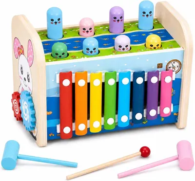 Obrázok produktu pre Montessori drevená hračka 4-v-1, vzdelávacia hračka, xylofón, zatĺkačka, pre deti