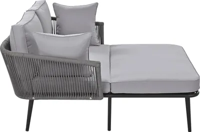 A grey outdoor sofa with a chaise lounge attachment, shown from a side angle against a white background.