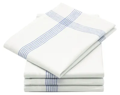 A stack of white kitchen towels with blue stripes.