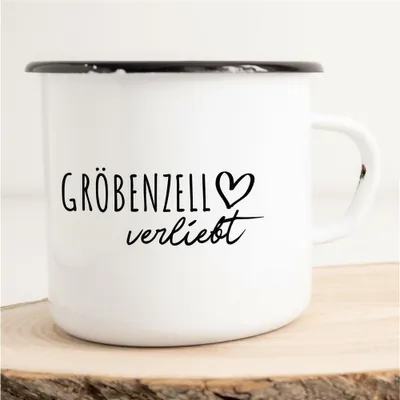 Produktbild von Huuraa Emaille Tasse Gröbenzell  Geschenk Kaffeebecher Vintage 300ml Gröbenzell  Präsent