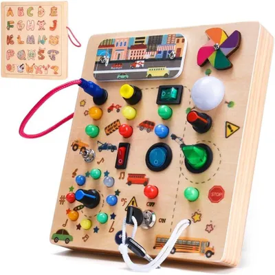 Produktbild von Busy Board Montessori Spielzeug für Babys ab 2 Jahr, Motorikspielzeug mit 19 LED, Holzspielzeug Sensorik, Lernspielzeug für Kleinkinder, Geschenk