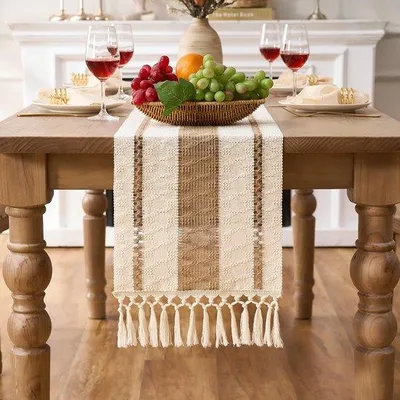 Produktbild von Unyqoos® Tischläufer Boho – Baumwoll-Leinen, 30 x 140 cm mit gehäkelter Spitze & Quasten, Deko für 4–6 Personen