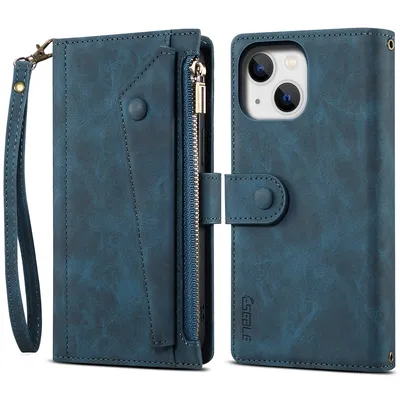 Obrázek produktu pro Ochranné pouzdro pro iPhone 15 Plus kožené pouzdro na zip, skládací peněženka s přihrádkou na karty, stojánek a poutko modré
