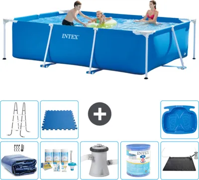 Produktbild von Intex-Schwimmbecken mit rechteckigem Rahmen – 300 x 200 x 75 cm – Blau – im Lieferumfang enthalten Sonnensegel - Wartungspaket - Filterpumpe für Schwimmbad - Filter - Solarmatte - Leiter
