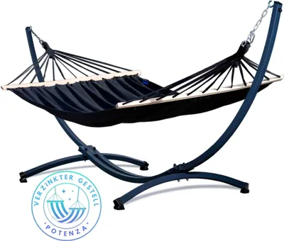 Produktbild von Potenza Outdoor Hängematte mit Verzinkter Gestell für 2 Personen I Stabhängematte XXL 220x160, 200kg I Hängemattengestell 220kg Wetterfest