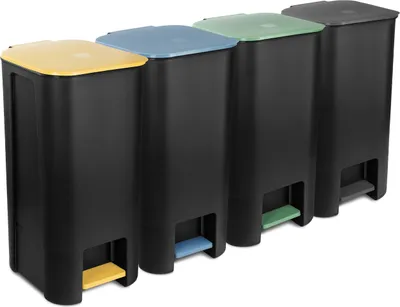 Four black pedal bins with different colored lids and pedals are lined up against a white background.