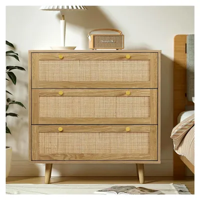 Produktbild von Kommode aus natürlichem Rattan für das Schlafzimmer, mit 3 Schubladen in Eiche, viel Stauraum, Holzschubladenkommode für Schlafzimmer, Wohnzimmer und Flur, 80 x 40 x 91,4 cm
