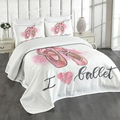 Produktbild von ABAKUHAUS Ballerina Tagesdecke Set, Ich Liebe Ballett Typografie Mit Farbe Illustration Von Hübsch Paar Spitzenschuhe, 264 x 220 cm, Mehrfarbig