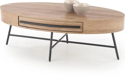 An oval coffee table with a drawer and two bowls on top, set against a white background.