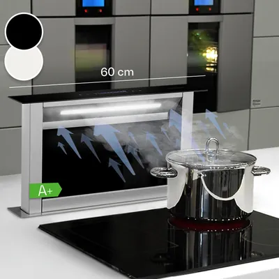 Produktbild von Klarstein Downdraft-Dunstabzugshaube, Versenkbare Abzugshaube, Leise Dunstabzugshauben mit Filter, Dunstabzugshaube 60cm, Umluft/Abluft Dunsthaube mit 10 Stufen, Dunstabzug 576 m³/h Luftstrom