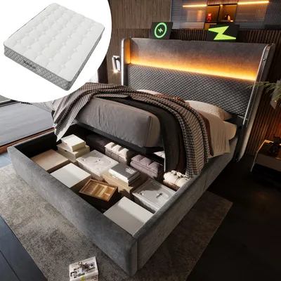 Immagine prodotto di letto imbottito okwish 140x200 letto contenitore con testata alta e rete, rete con materasso, letto matrimoniale con illuminazione a LED e connessioni di ricarica, grigio