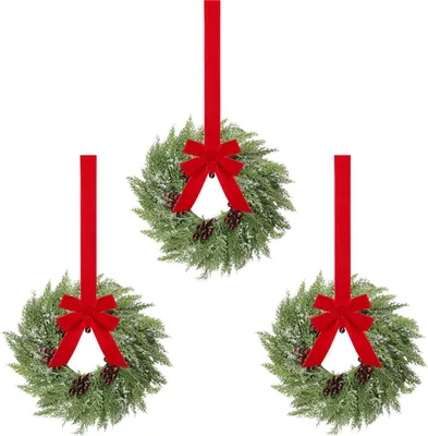 Produktbild von Weihnachtskranz für Fenster, kleiner künstlicher Tannenkranz (25 cm) mit Beeren und roter Schleife für die winterliche Kamindekoration