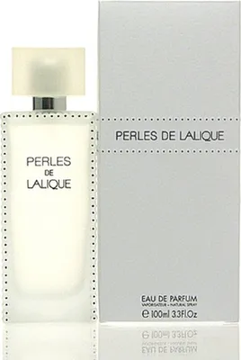 A bottle of Lalique Perles de Lalique eau de Parfum and its packaging are shown against a white background.