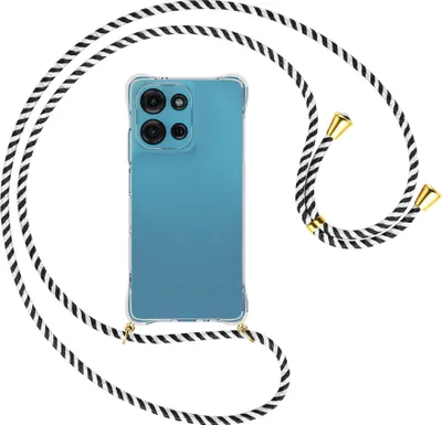 Produktbild von Handykette Backcover-Schutzhülle mit Band (Metall goldfarben) für Motorola Moto G75 5G - schwarz/weiß gestreift