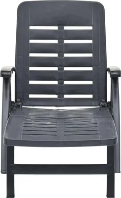 A dark gray plastic lounge chair is shown from the front against a white background.
