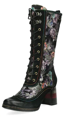 Image de Bottes pour femmes Laura Vita, motif floral et cuir lisse, modèle IDCANO 07, taille : 39 EU, couleur : noir
