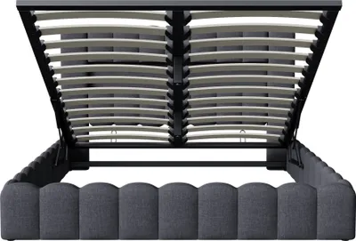 Image de Fortuna Lai Lit rembourré 180x200cm avec USB, lit double pour adolescents avec sommier à lattes et espace de rangement, lit de rangement avec LED, lin, gris