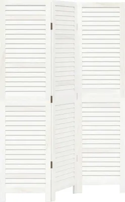 A white, three-panel room divider with slatted panels.