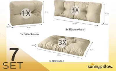 Produktbild von sunnypillow Palettenkissen für Palettenmöbel - 7er Set - Palettenauflage für Palettensofa - Palettenpolster für Garten, Gesteppte Kissen für Europaletten - Sitzkissen & Rückenkissen Cremefarben